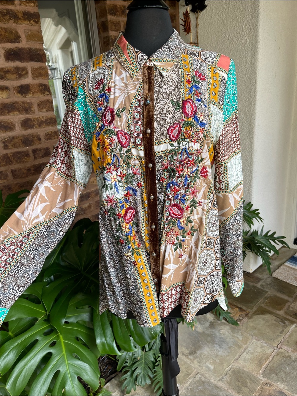 Aratta Brown Teal & White Mixed Print Blouse - Picture 4 of 13